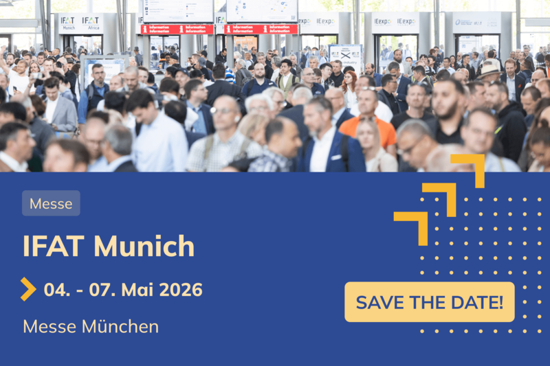 Grafik zur Ankündigung IFAT 2026 - viele Menschen zum Start der IFAT im Eingangsbereich der Messe München