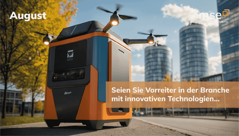 Futuristische Mülltonne mit Drohnenarmen vor moderner Stadtarchitektur – Text: Seien Sie Vorreiter in der Branche mit innovativen Technologien.