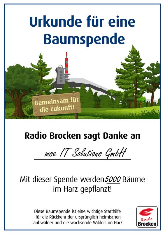Spendenurkunde für unsere Baumspende - Radio Brocken Baumschenken-Projekt