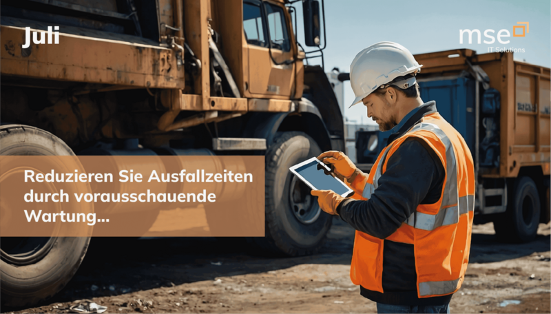 mse-Kalendermotiv für Juli: Ein Mann mit Helm und oranger Warnweste steht vor einem Entsorgungsfahrzeug. In den Händen hält er ein Tablet, worauf sein Blick gerichtet ist.   