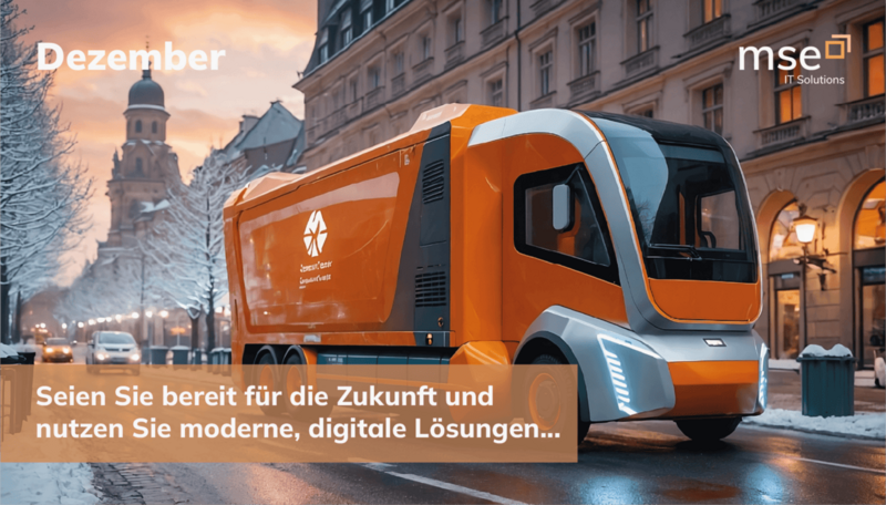 Oranges, futuristisches Müllauto mit Leuchtelementen steht auf einer nassen Straße vor historischen Gebäuden in einer europäischen Stadt im Winter.