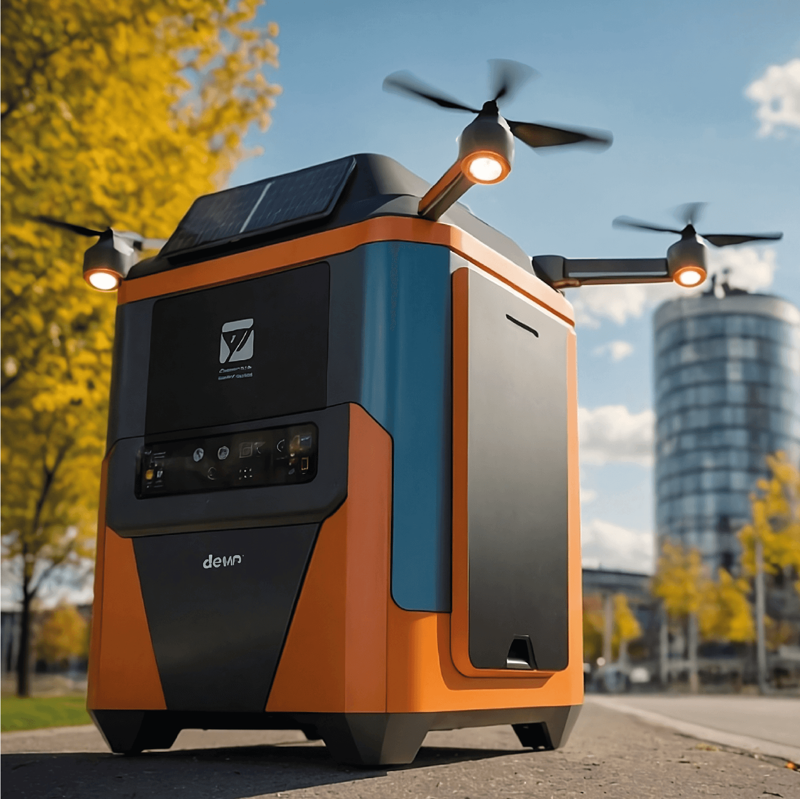 Autonome, futuristische Mülltonne mit Drohnenarmen auf Straße vor Bürogebäuden.