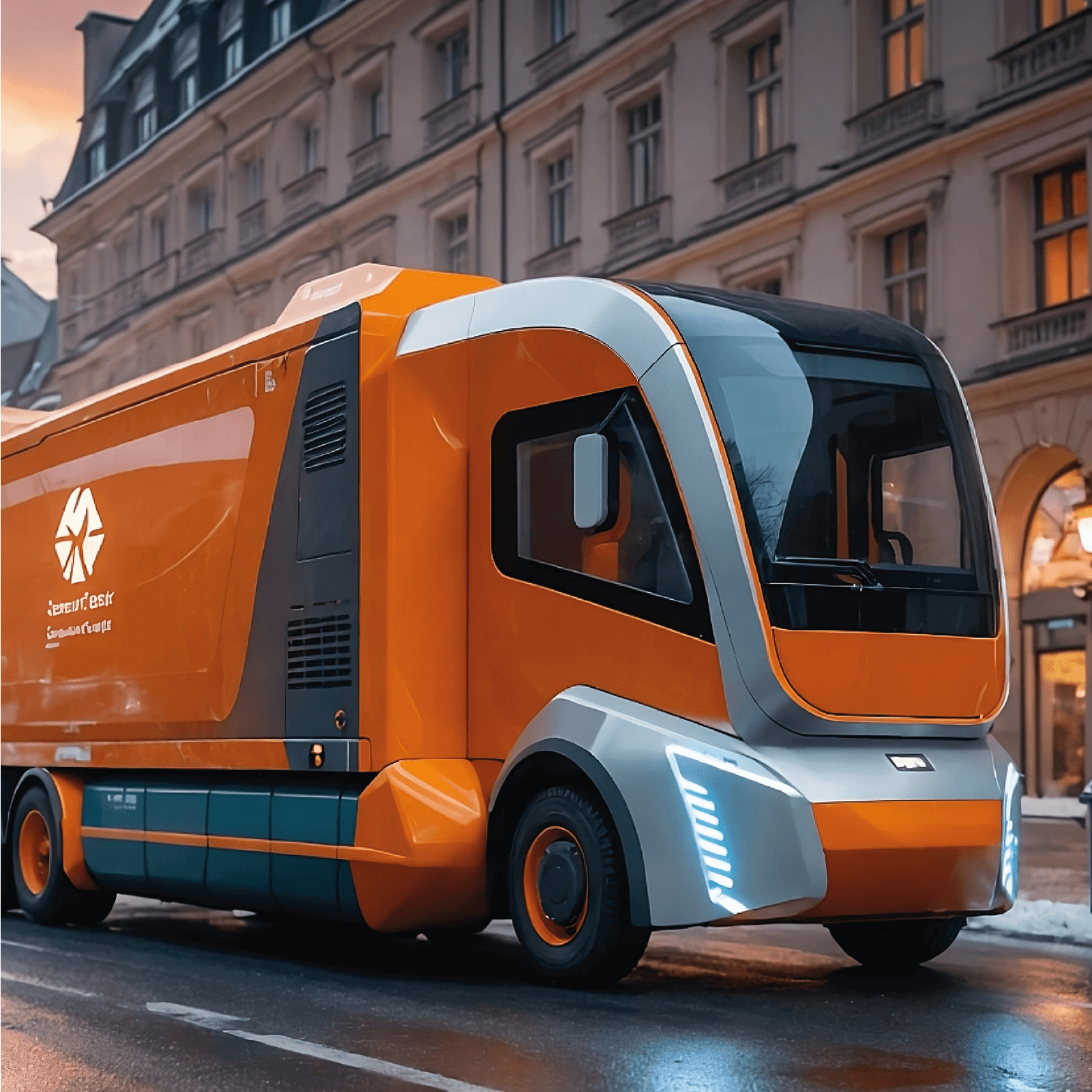 Oranges, futuristisches Müllauto mit Leuchtelementen steht auf einer nassen Straße vor historischen Gebäuden in einer europäischen Stadt im Winter.