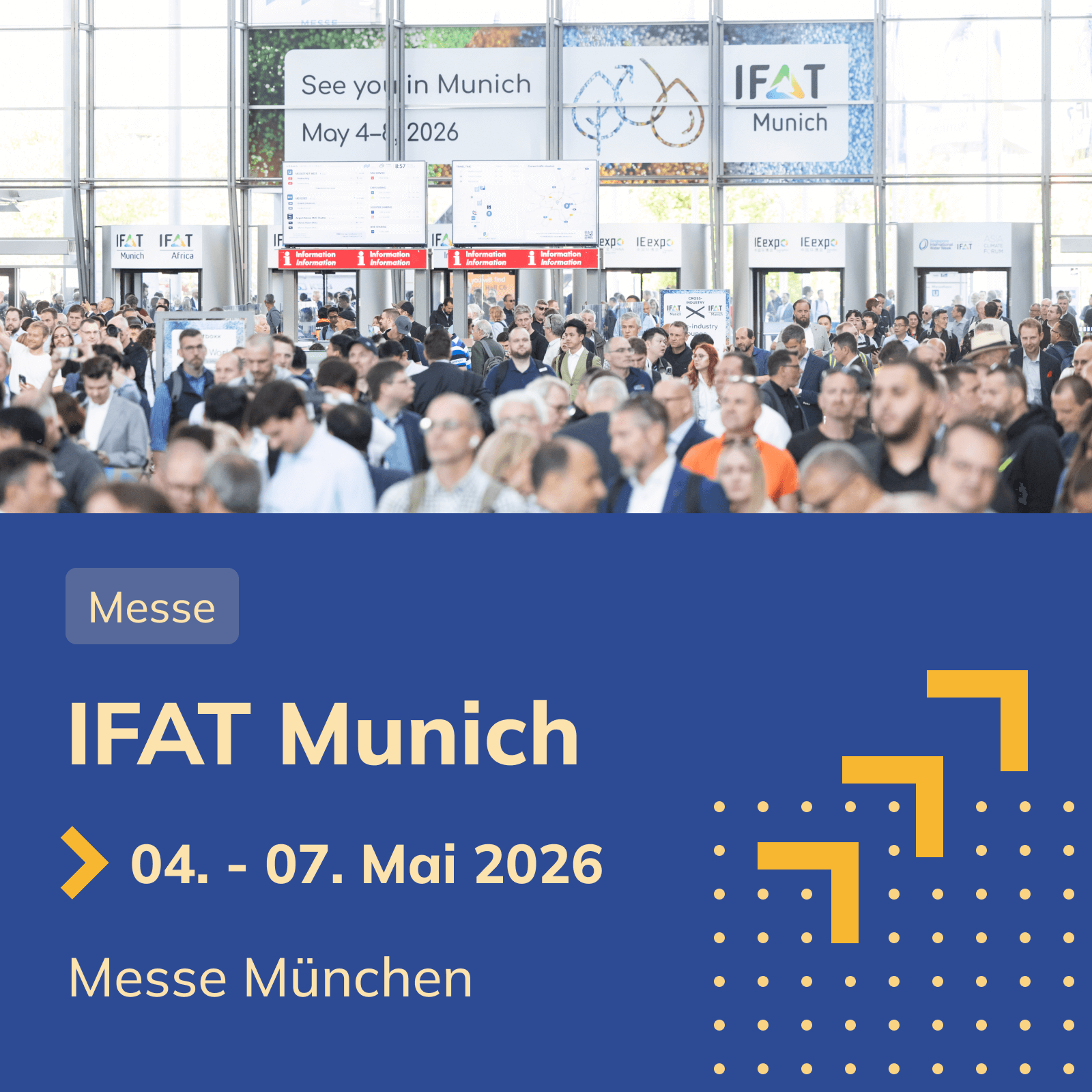 Grafik zur Ankündigung IFAT 2026 - viele Menschen zum Start der IFAT im Eingangsbereich der Messe München