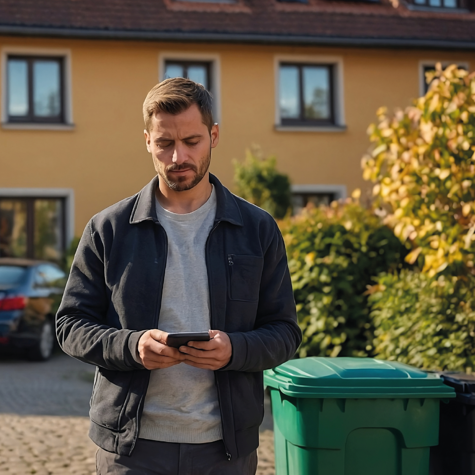 Mann steht mit Handy in der Hand neben grüner Mülltonne und Büschen, im Hintergrund ein oranges Haus und ein parkendes Auto davor
