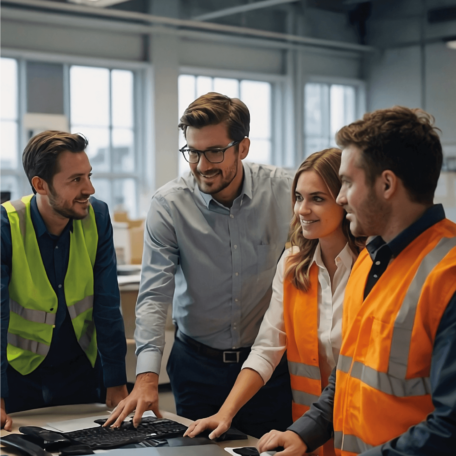 Mehrere Personen in Warnwesten stehen um einen Tisch mit Laptops in einem modernen Büro mit großen Fenstern.