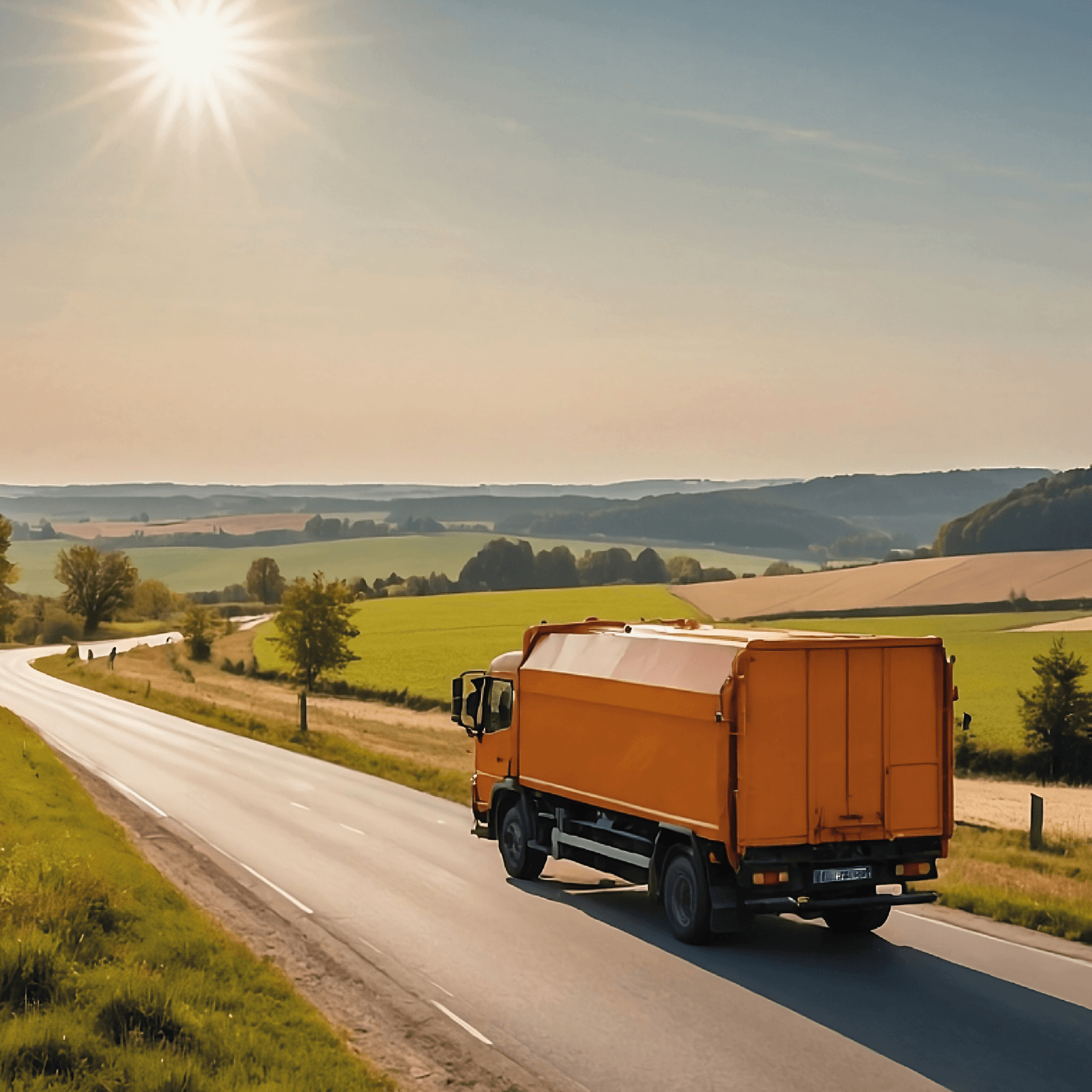 Oranges Müllauto fährt auf Landstraße durch sonnige, hügelige Landschaft mit Feldern und Bäumen.