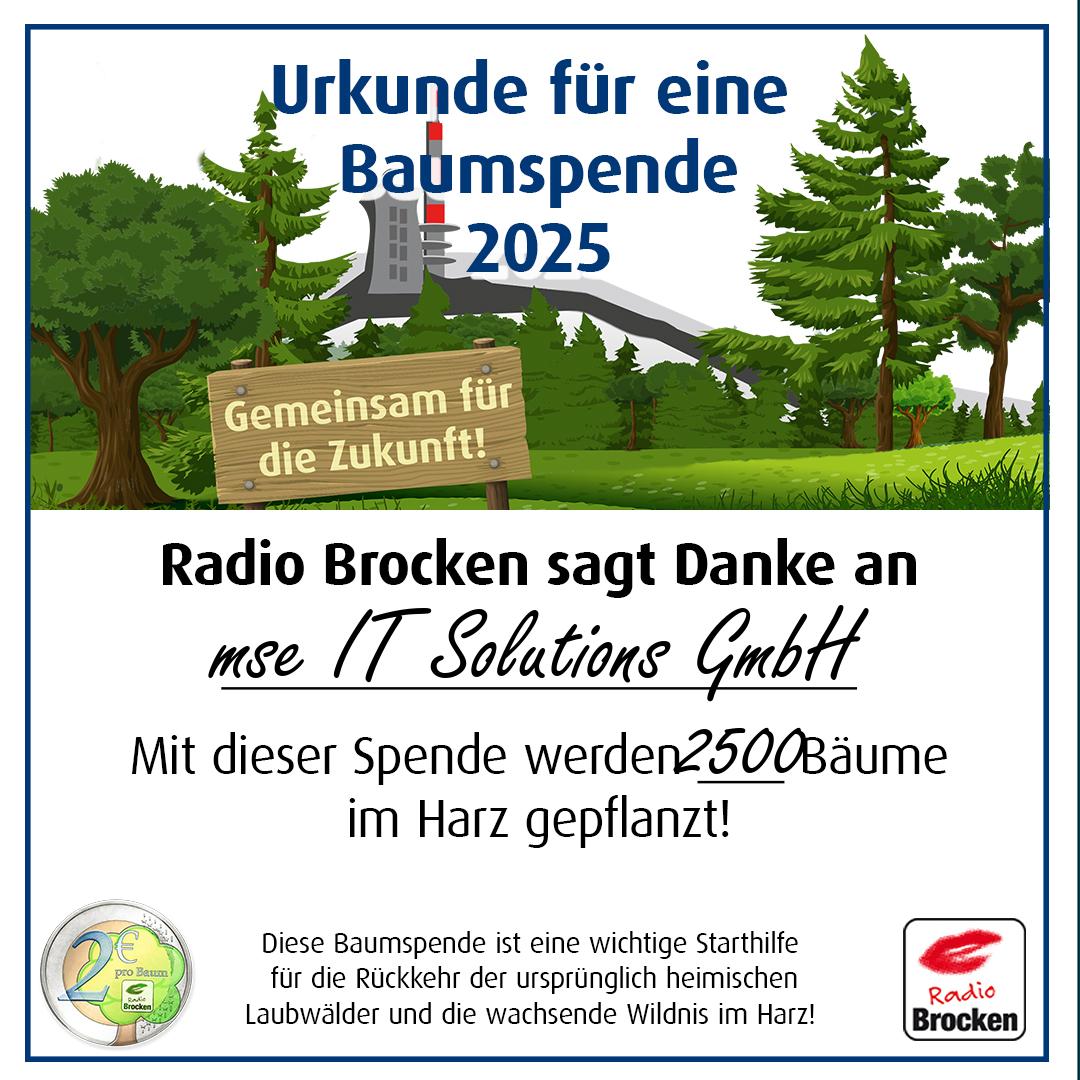 Spendenurkunde für unsere Baumspende 2025 - Radio Brocken Baumschenken-Projekt